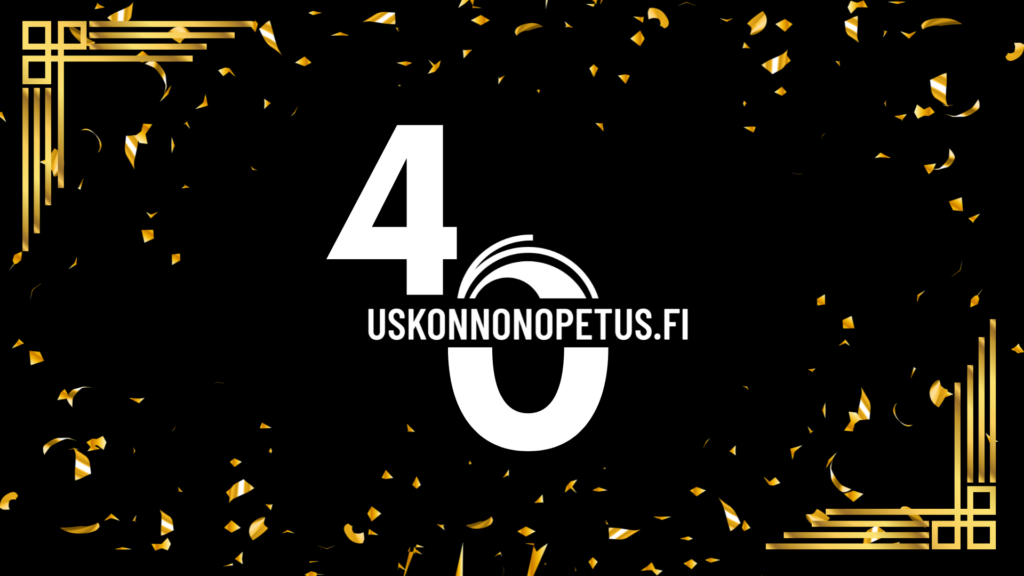  Luku 40, Uskonnonopetus-logo ja kultaista konfettia.